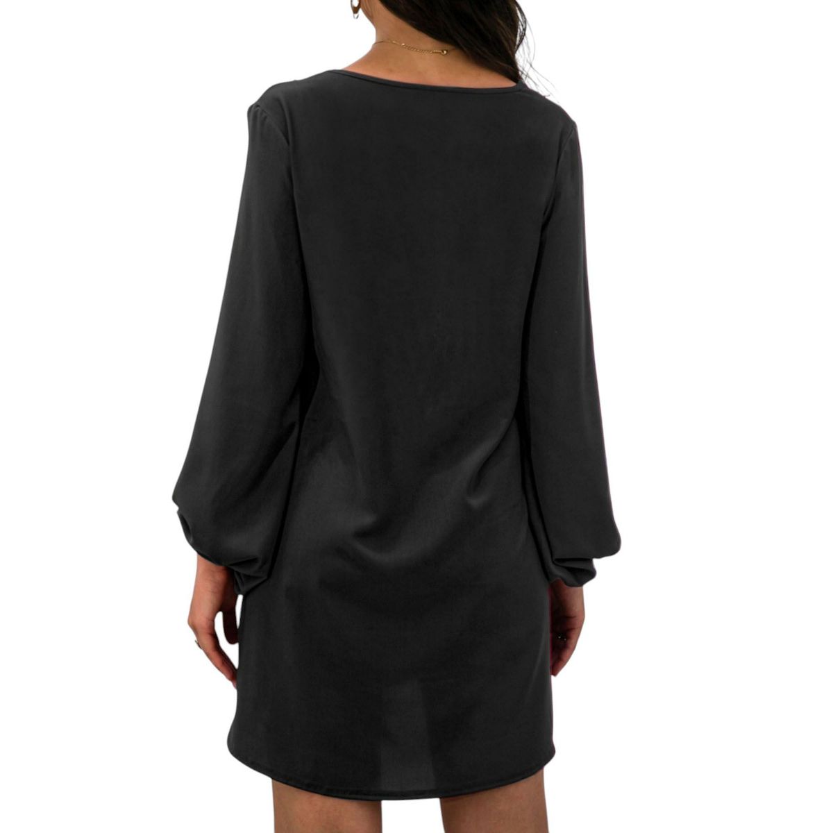 Anna-Kaci Women's Long Sleeve Mini Shift Dress with V-Neckline and Lace Trim Detail - thumbnail 4
