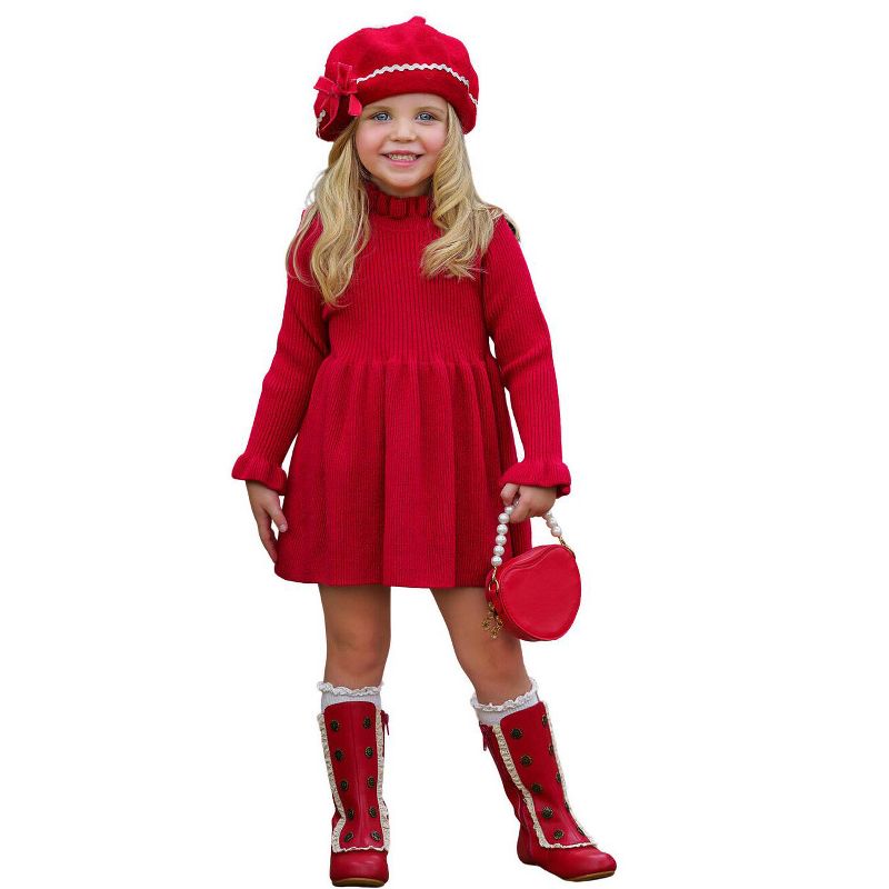Girls Cozy Holiday Red Ruffle Knit Sweater Dress - Mia Belle Girls, 1 of 8