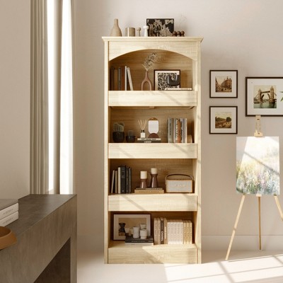 FUFU&GAGA Minimalist Wood Bookshelf: Hidden Drawers + Open Shelves, Perfect for Modern Living Spaces
