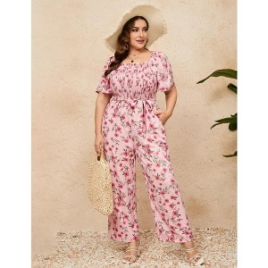 Women's Plus Size Wide Leg Floral Jumpsuits Casual Summer Outfits with Belt Bell Sleeve Smocked Floral Pink Flower 3XL - 1 of 4