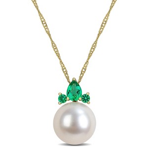 EVERLY JEWELRY | 14K Yellow Gold Cultured Freshwater Pearl and Created Gemstone Drop Pendant with Chain, 17 inch - Multiple Created Gemstone Options - 1 of 4