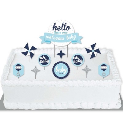 Big Dot of Happiness Hello Little One - Blue and Silver - Boy Baby Shower Cake Decorating Kit - Welcome Baby Cake Topper Set - 11 Pieces