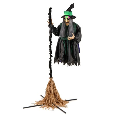 Tangkula Witch with Broomstick Halloween Animatronic Life Size Animated Halloween Prop with Laughing and Screaming Sound LED Lights