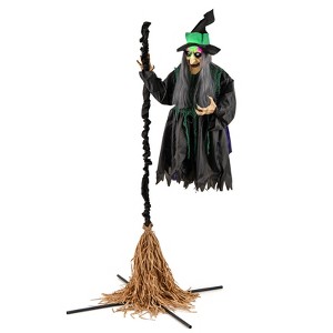 Tangkula Witch with Broomstick Halloween Animatronic Life Size Animated Halloween Prop with Laughing and Screaming Sound LED Lights - 1 of 4