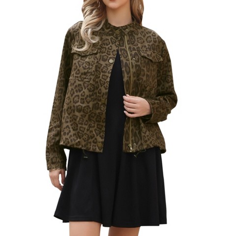 INSPIRE CHIC Women's Long Sleeve Stand Up Collar Leopard Casual Lightweight Button Down Jackets Medium Brown