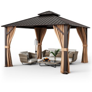 Tangkula 12' x 12' Double-Roof Hardtop Gazebo with Galvanized Steel Roof Netting Curtains - 1 of 4