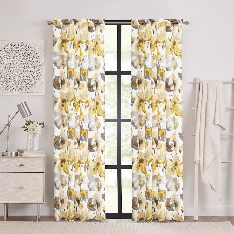 Kate Aurora Chic Living 2 Pack Semi Sheer Poppy Floral Rod Pocket Window Curtains, 1 of 2