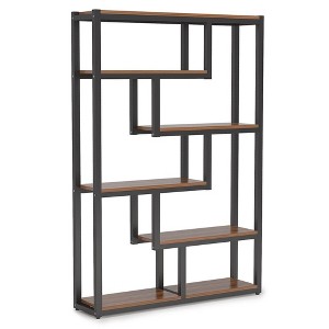 Resenkos Bookshelf, Bookcase Standing Shelf Unts,6-Tier Bookshelf, 69" Industrial Etagere Bookcase with Staggered Shelves,Walnut Brown - 1 of 4