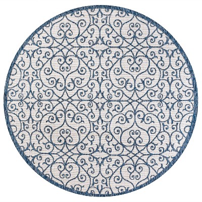 Madrid Boho-Chic Blue and Cream Geometric Round Indoor/Outdoor Rug