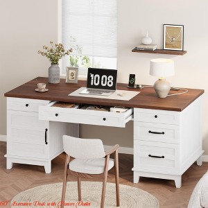 60" Executive Desk w/ Power Outlet, Home Office Desk w/ Drawers, Wooden Work Desk w/File Cabinet, Computer Desk - 1 of 4