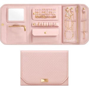 Travel Jewelry Case with Mirror, Woven Embossed PU Leather Organizer with Pouch, Portable, White - 1 of 4