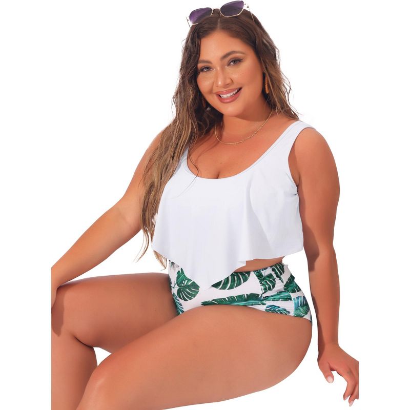 Agnes Orinda Women's Plus Size U Neck Leaf Ruffles Hem Two-Piece Bikini Sets, 3 of 6