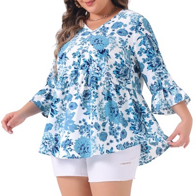 Agnes Orinda Women's Plus Size Floral V Neck Ruffle Sleeve Loose Fit Babydoll Peplum Blouse