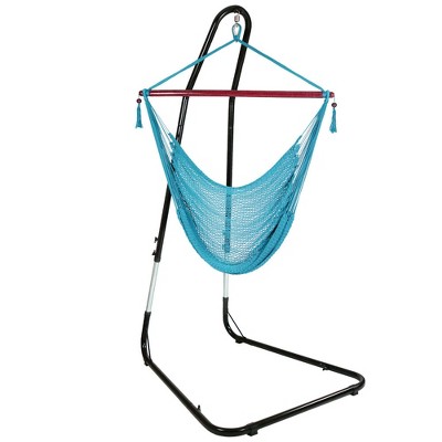 Sunnydaze Caribbean Style Extra Large Hanging Rope Hammock Chair Swing with Adjustable Stand - 300 lb Weight Capacity - Sky Blue