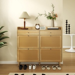 Rattan Shoe Cabinet with 4 Flip Drawers and 2 Drawers, Large Narrow Shoe Organizer, Wooden Entryway Shoe Cabinet with Storage - 1 of 4