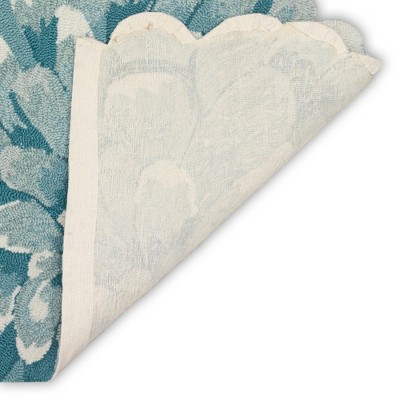 Aqua and White Tufted Synthetic Floral Half Circle Rug