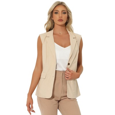 Unique Bargains Women's Linen Vest Sleeveless Button Down V Neck Formal  Business Waistcoat XL Beige