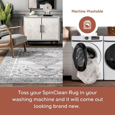 Gray 4' x 6' Distressed Medallion Machine Washable Rug