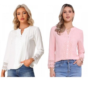 INSPIRE CHIC Women's Half Button Placket Long Sleeve Lace Crochet Boho Blouse 2 Packs - 1 of 4