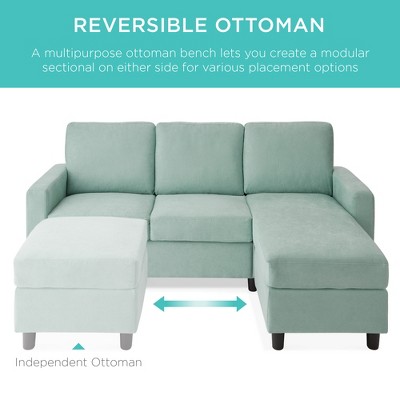 Aqua Linen Sectional Sofa with Reversible Ottoman and Wood Frame