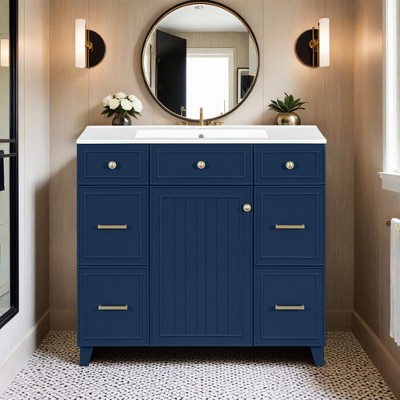 36" Bathroom Vanity with Ceramic Sink, Solid Wood Frame, Soft Close Doors, Adjustable Shelves, 3 Drawers - Leovsnove