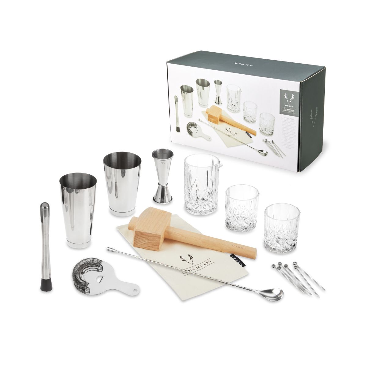 Viski 17-Piece Bartender Kit, Shakers Tins, Mixing Glass, Jigger, Muddler, Strainer, Spoon, Whiskey Glasses, Ice Bag, Mallet, Picks, Bar Gifts for Men