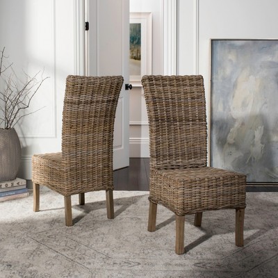 High-Back Rattan & Mango Wood Side Chair in Natural Grey (Set of 2)