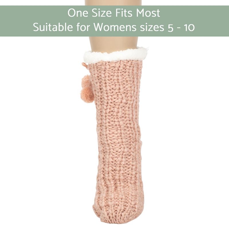 Elanze Designs Dust Pink Gold Glitter Knit Pom Pom Womens One Size Plush Lined Non Skid Indoor Slipper Socks, 4 of 7