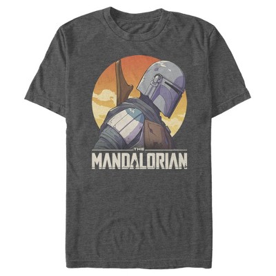 Men's Star Wars The Mandalorian Mando Head Down Profile Sunset  T-Shirt - Charcoal Heather - Small
