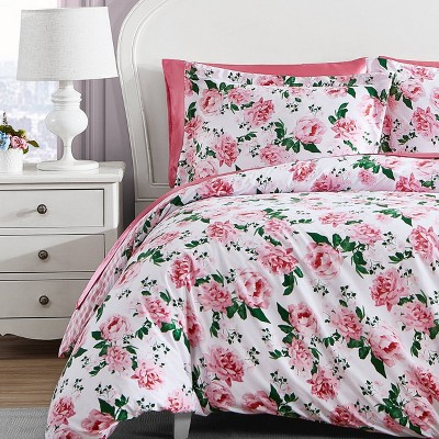 Twin Pink Cotton Floral Duvet Cover Set with Sham