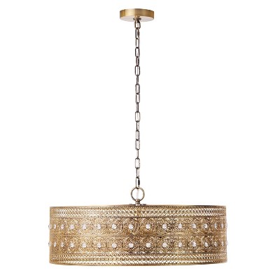 Elegant Brass and Crystal Drum Chandelier, 26" Glam Pendant Light