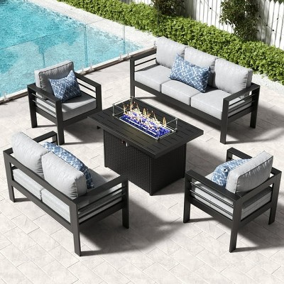 LayinSun Aluminum Furniture Set with Fire Pit Table, 5 Pieces Patio Sectional Conversation Chat Sofa Modern Seating Set