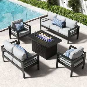 LayinSun Aluminum Furniture Set with Fire Pit Table, 5 Pieces Patio Sectional Conversation Chat Sofa Modern Seating Set - 1 of 4