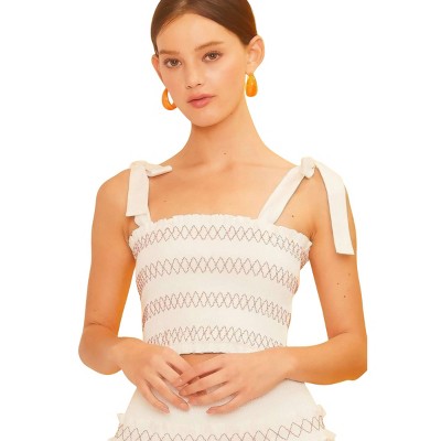 Slickblue Women's Self-Tie Shoulder Smocking Ruffle Crop Top - Coral/Off White, Cotton Blend - Size S-L