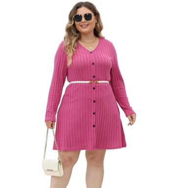 Women's Plus Size Fall Casual Long Sleeve Ribbed Striped Bodycon Mini Dress A-Line Button V Neck Short Dress Rose Red L