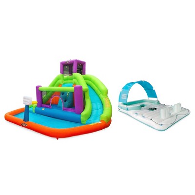Magic Time Double Hurricane Outdoor Kids Inflatable Water Slide Bounce House and Comfy Floats 13 Foot Misting Platform Inflatable Summertime Float