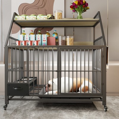 LAOTIES Large Rolling Pet Cage with Feeding Drawer And Storage Rack,Indoor Crate with Stainless Steel Bowls