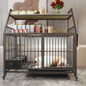 LAOTIES Large Rolling Pet Cage with Feeding Drawer And Storage Rack,Indoor Crate with Stainless Steel Bowls - 1 of 4