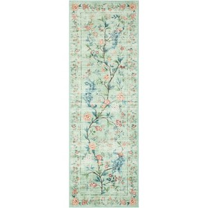 Washable Floral Peacock Print Rug - Low Pile reversible Accent Carpet for Bedroom, Kitchen, Nursery & Living Room - 1 of 4