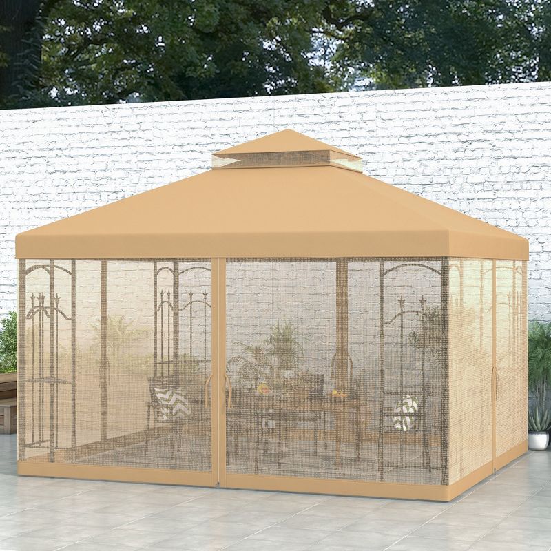 Outsunny 141.7" x 118.1" Steel Outdoor Patio Gazebo Canopy with Removable Mesh Curtains, Display Shelves, & Steel Frame, Brown, 3 of 7