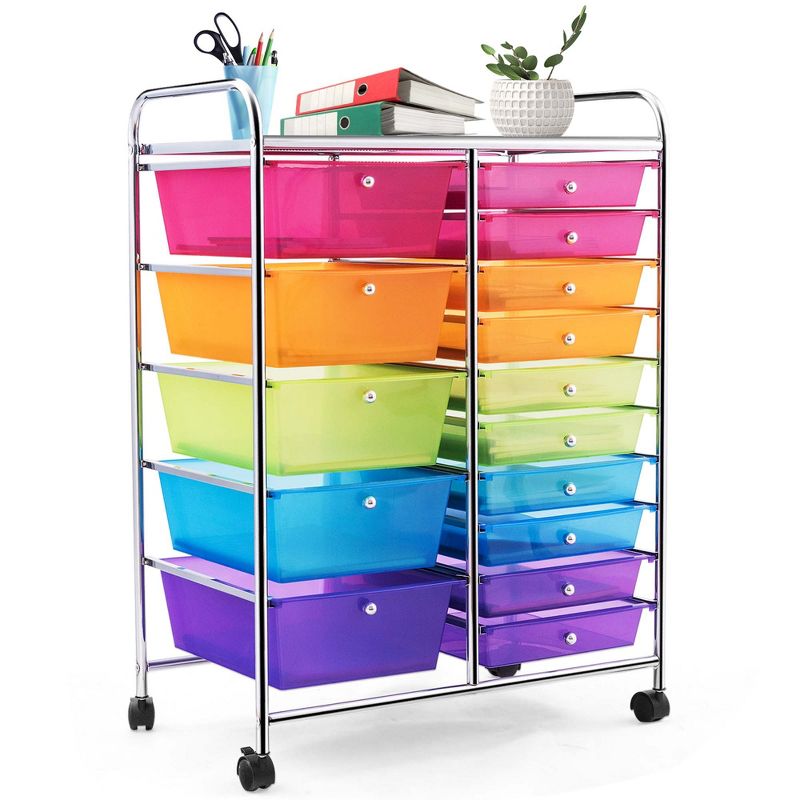 Costway 15 Drawer Rolling Storage Cart Tools Scrapbook Paper Office School Organizer Colorful, 1 of 13