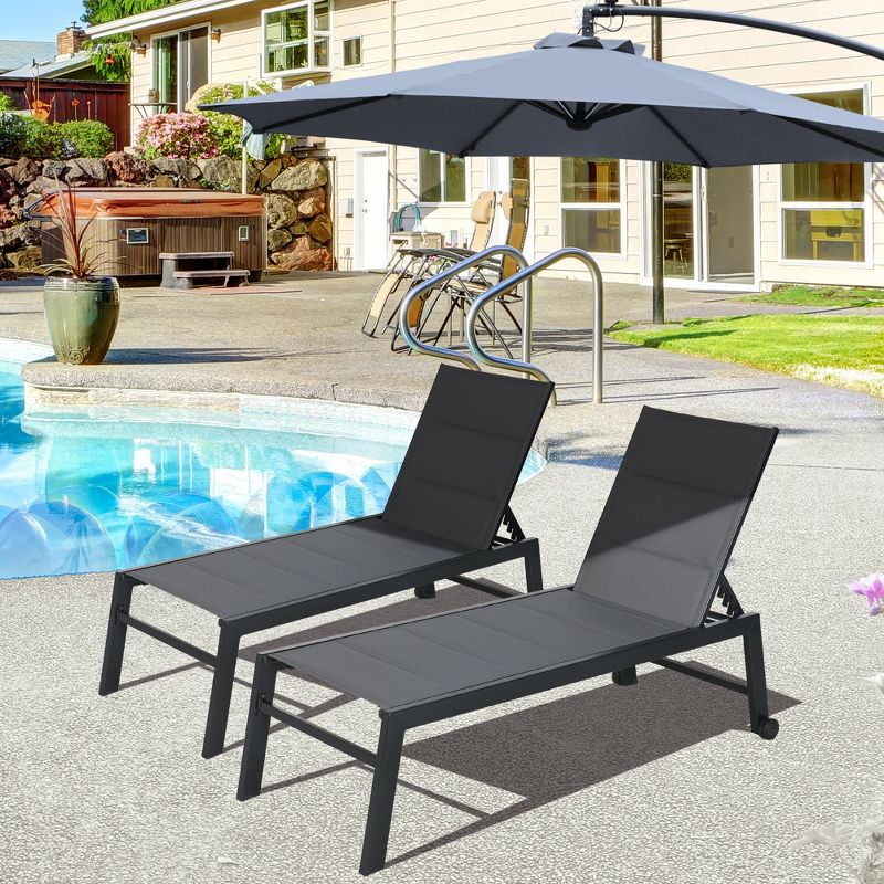 Outsunny Chaise Lounge Outdoor Pool Chair Set of 2 with Wheels, Five Position Recliner for Sunbathing, Suntanning, Breathable Fabric, Gray, 2 of 7