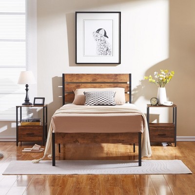 VECELO Platform Bed Frame With Rustic Vintage Wood Headboard and Footboard, Sturdy Metal Slats, No Box Spring Required
