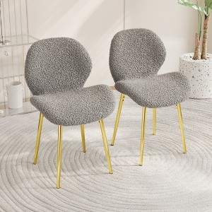 APRILSOUL33.27"Modern minimalist grey teddy velvet Dining Chairs Set of 2 with sturdy gold metal legs - 1 of 4