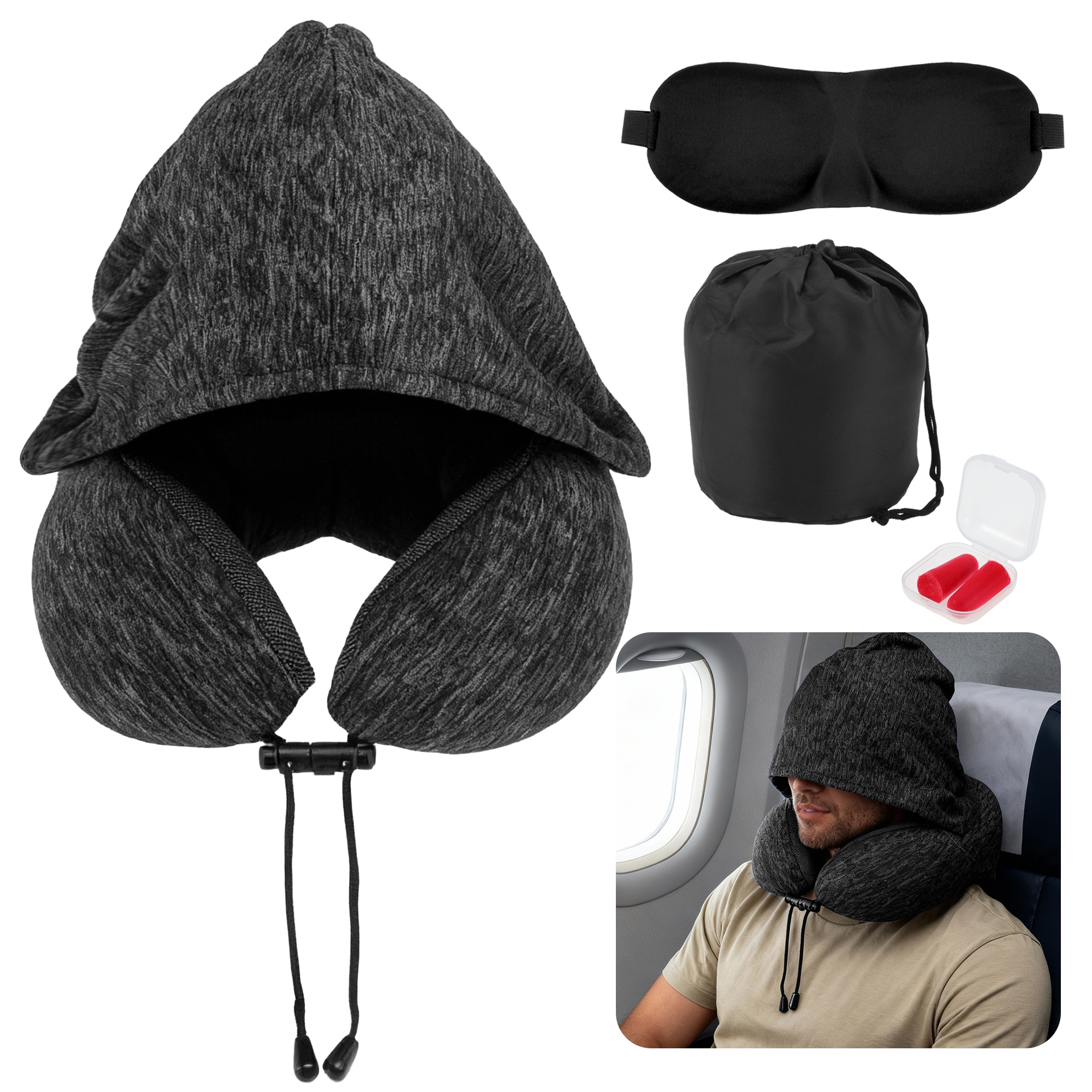 Unique Bargains Travel Neck Pillow with Extra Large Hood Deep Gray 1 Set