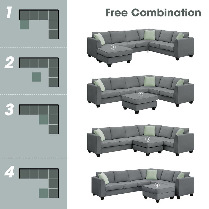 Modular Sectional Sofa 7 Seats with Ottoman L Shape Fabric Sofa Corner Couch Set with 3 Pillows-ModernLuxe, 4 of 12
