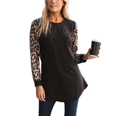 Amaryllis Women's Long Sleeve Leopard Print Tunic Top Crew Neck Contrast Sleeve Relaxed Fit Casual