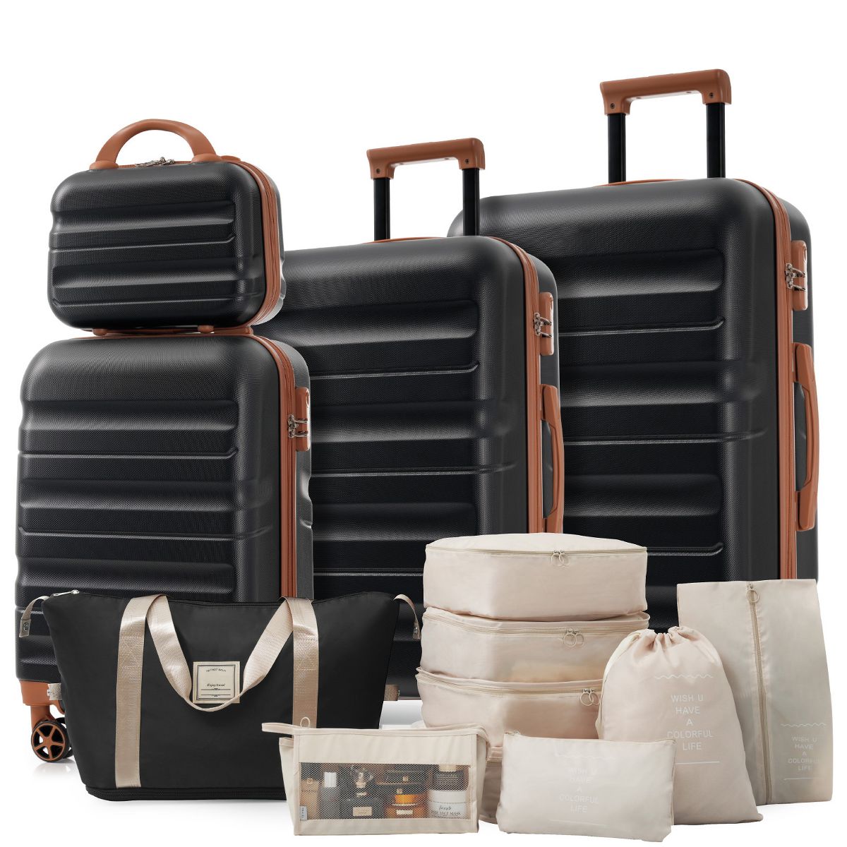 Polibi Luggage Set 12 Piece, 2 Carry-On Suitcase and 2 Check-In Suitcase, 8 Pieces Packing Bags