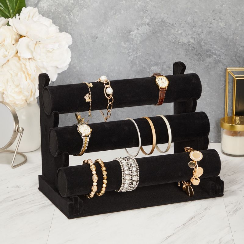 Juvale 3-Tier Velvet Bracelet Holder Stand and Organizer - Jewelry Display Rack for Selling Necklaces and Accessories (Black), 3 of 9