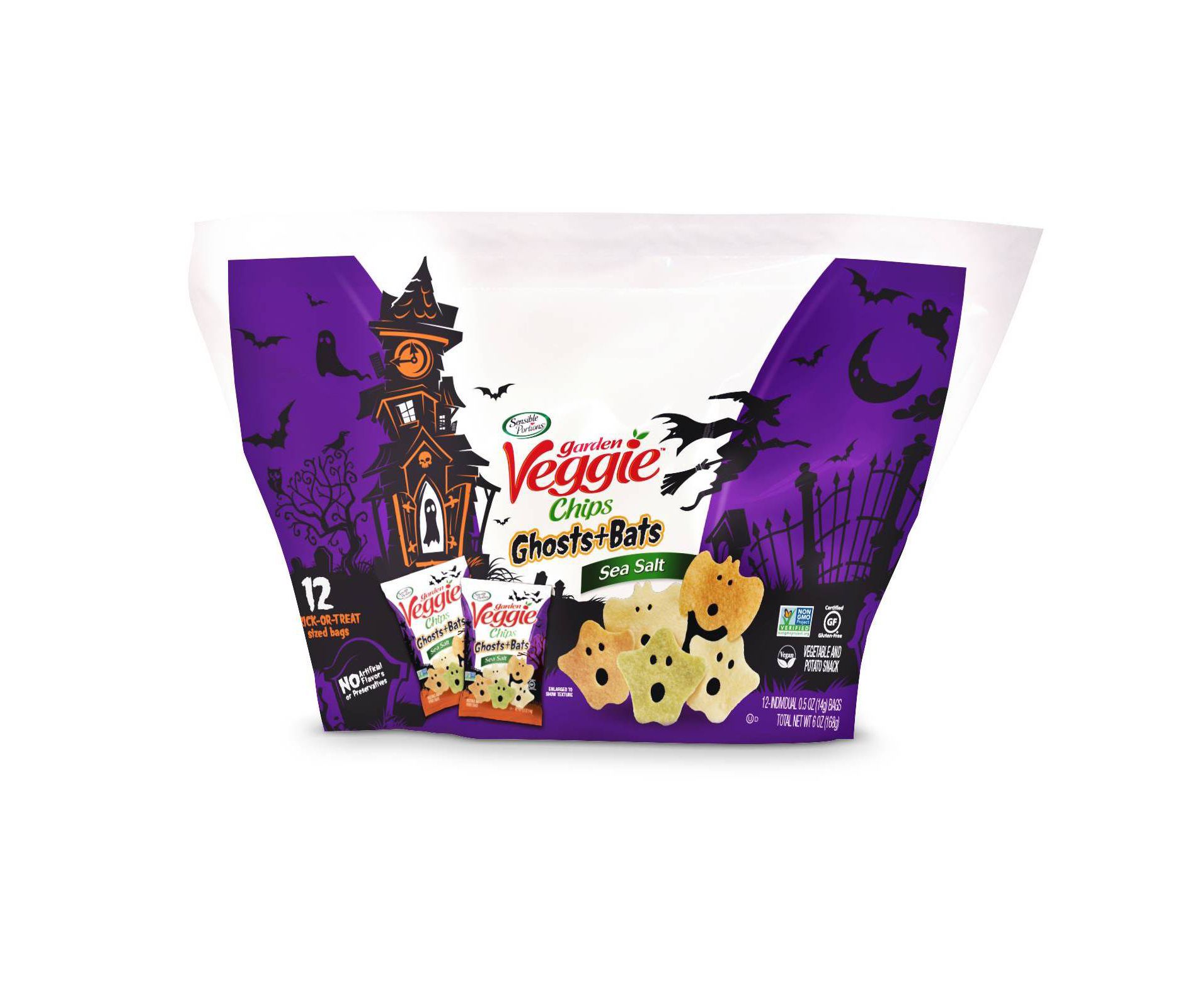 Sensible Portions Halloween Garden Veggie Ghosts & Bats Sea Salt Flavored Chips - 6oz/12ct